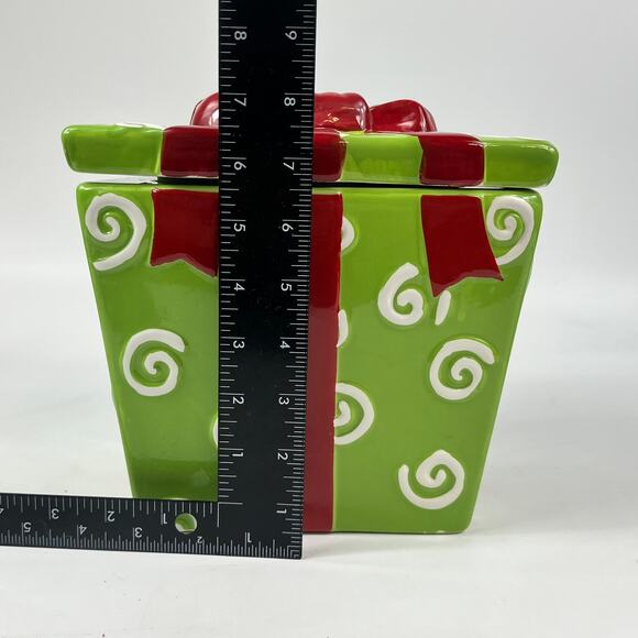 Ceramic Gift Box Canister Christmas Present Cookie Jar Green Red Ribbon Ceramic - Picture 8 of 16
